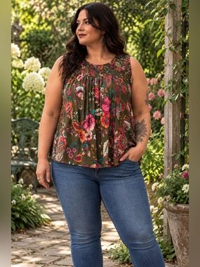 a.n.a Olive Floral Tank Top with Pink and Teal Accents